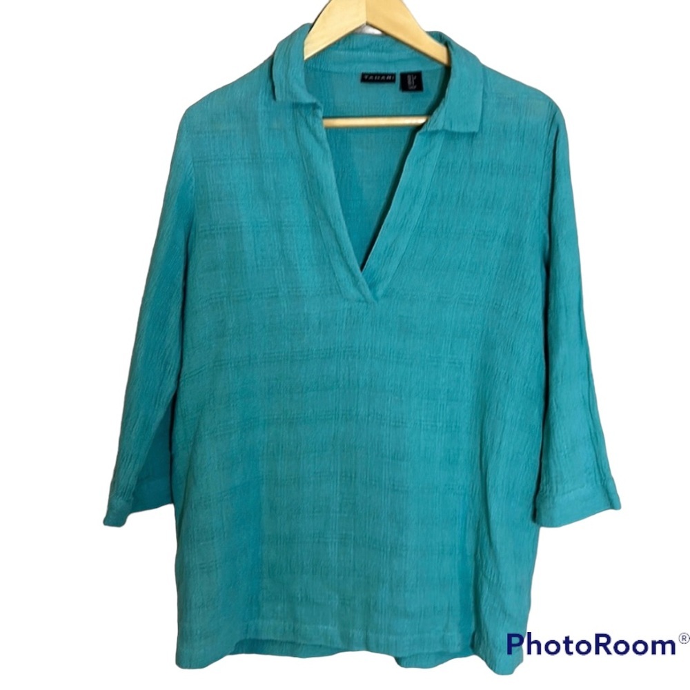 Tahari Cotton Linen Blend Popover Tunic in Aqua Blue- Size Small